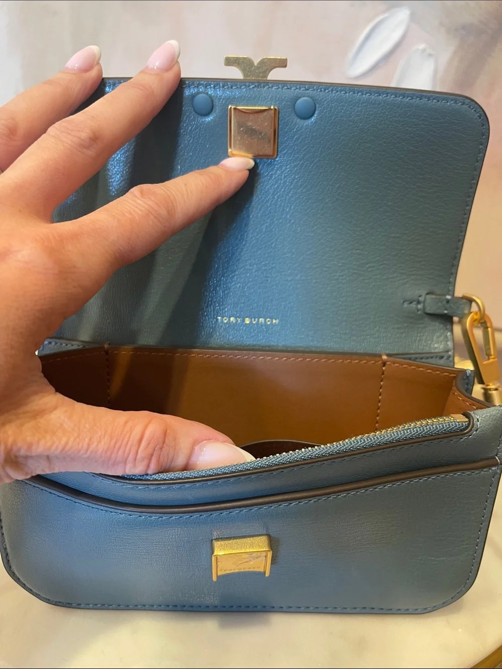 Tory Burch Teal Eleanor Leather Crossbody with Gold Logo Chain